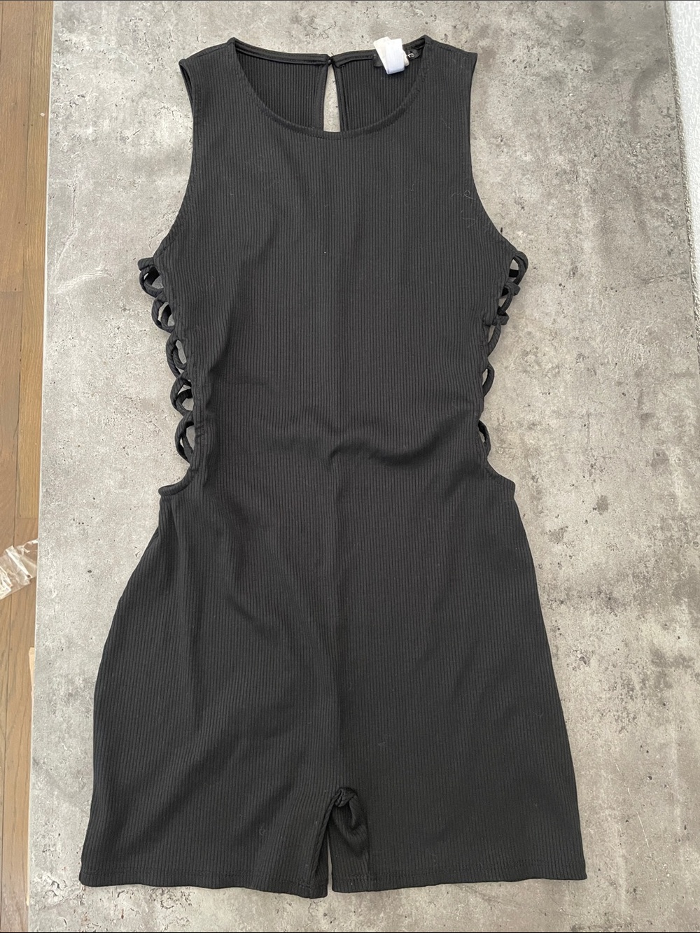 Black Ribbed Sleeveless Lace-Up Side Romper